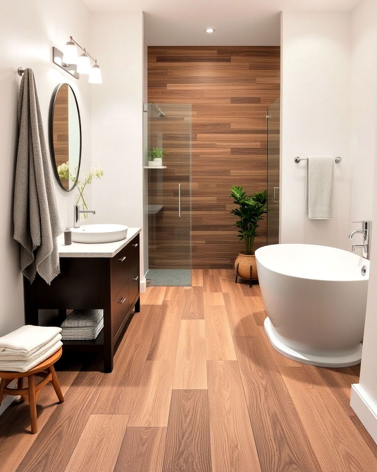 wood look tiles floor in bathroom