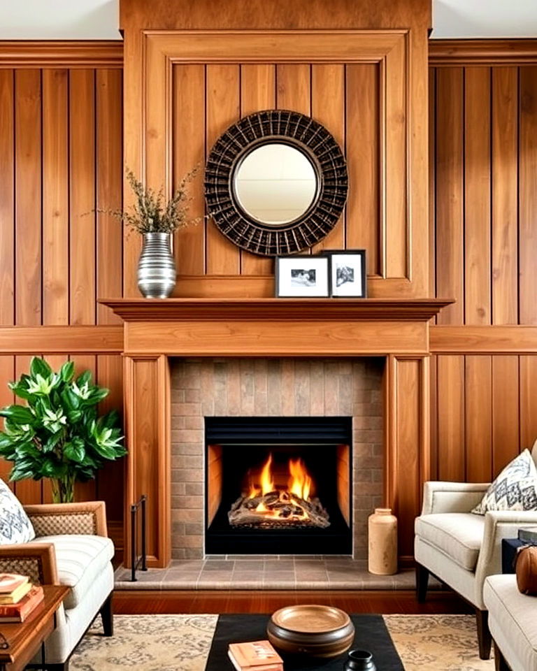 wood paneling fireplace with built in mantel