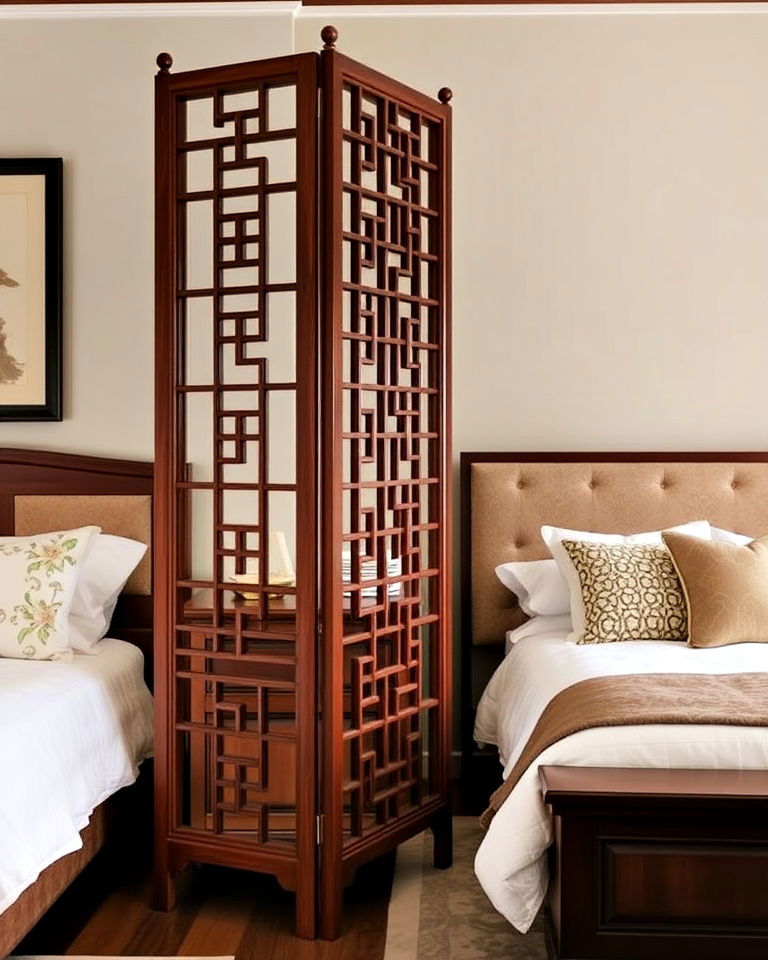 wooden bedroom divider with lattice design