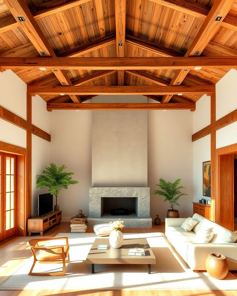 wooden ceiling beams zen living room