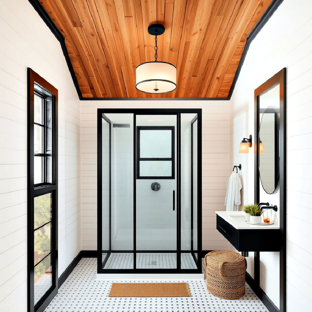 wooden ceiling with black shower enclosure