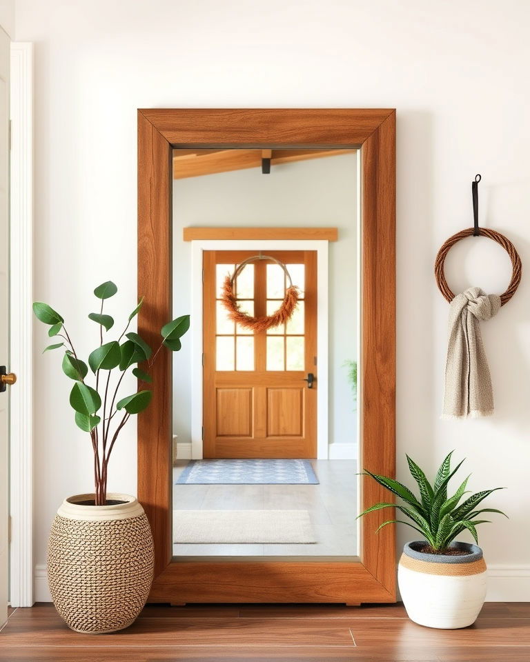 wooden framed mirror for rustic warmth