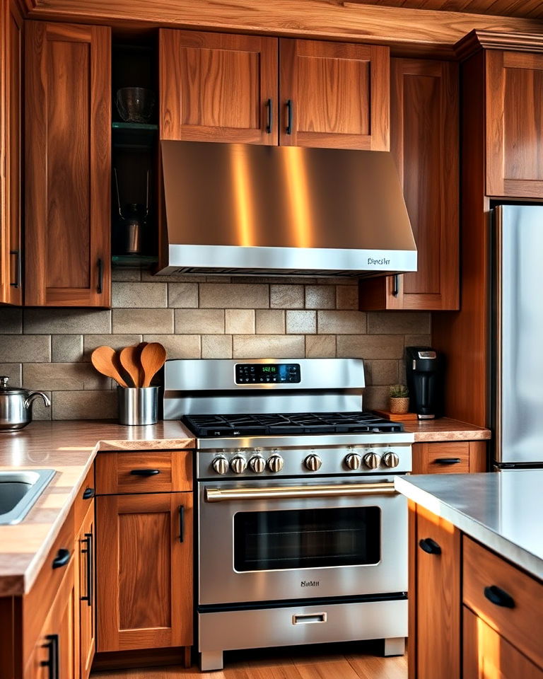 wooden kitchen cabinetry with steel appliances