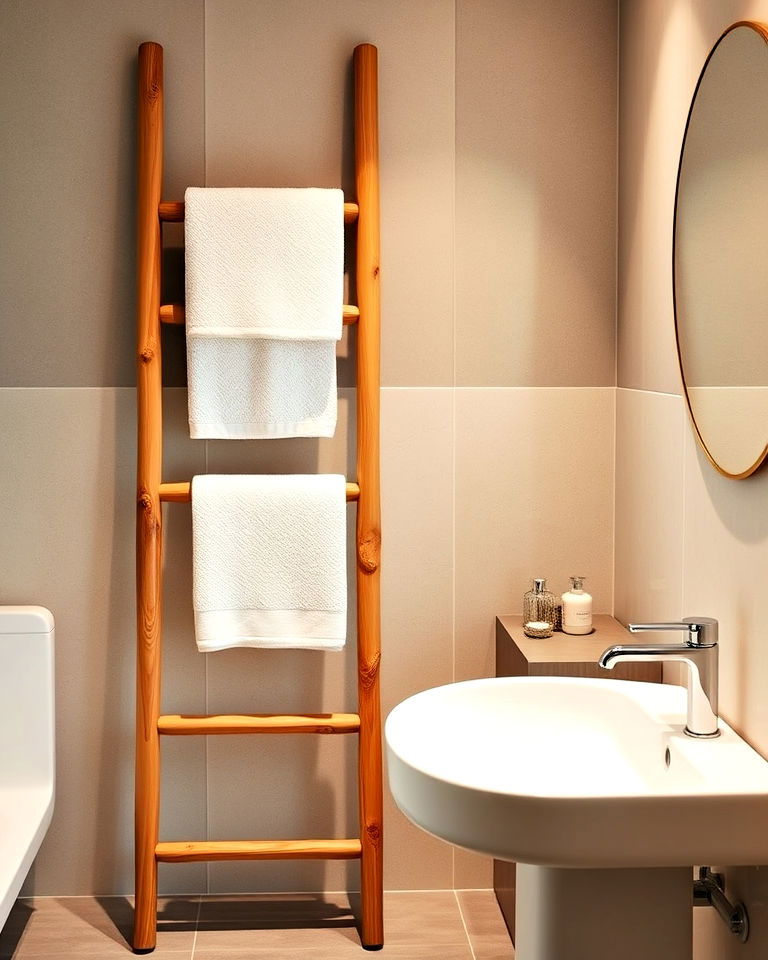 wooden ladder for towel storage