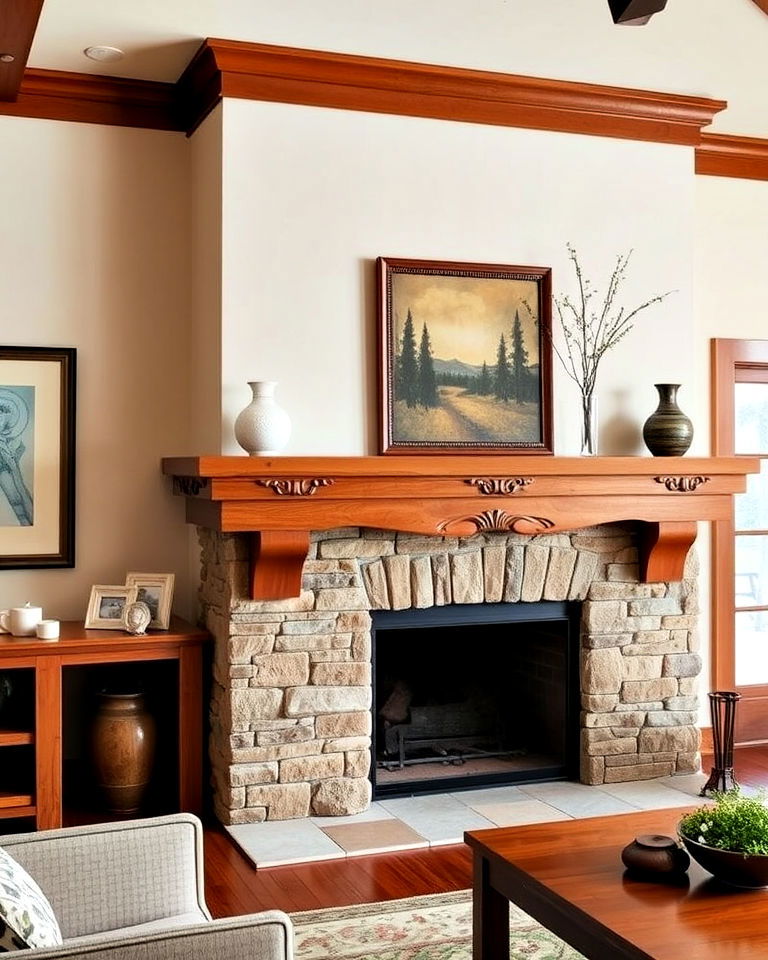 wooden mantel craftsman fireplace