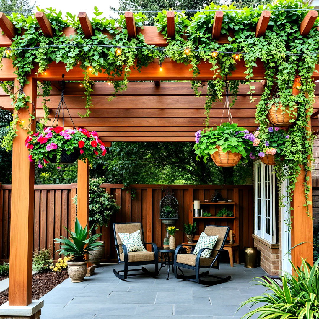 wooden pergola with hanging plants