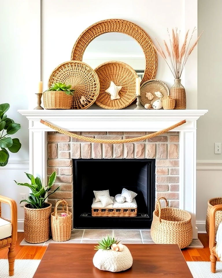 woven basket mantel décor