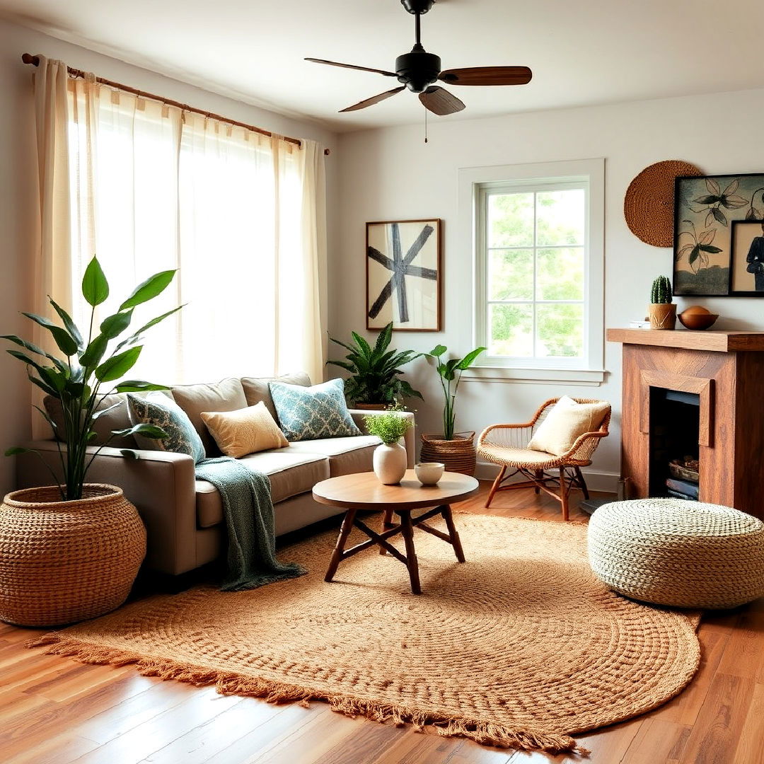 woven rug for texture in small rustic living room