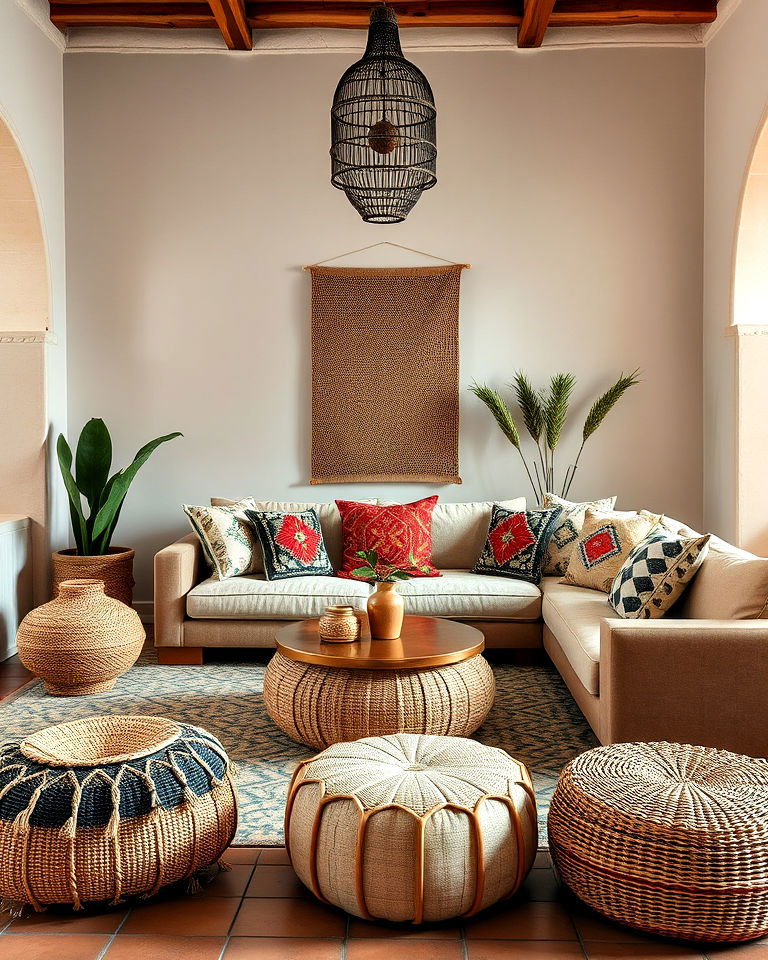 woven textiles and poufs for living room