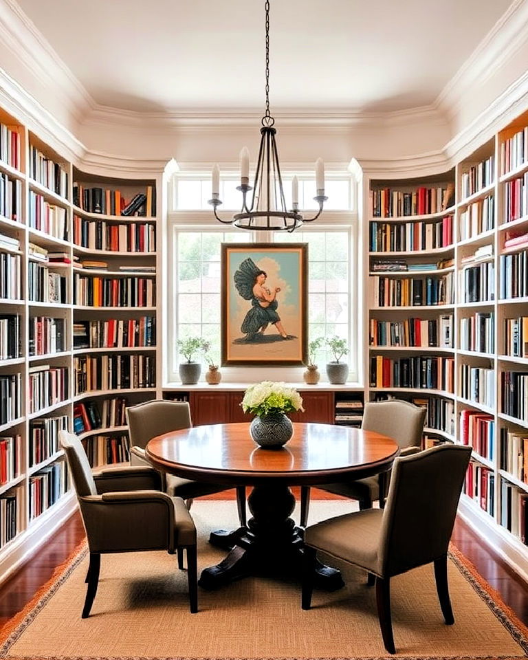 wrap around bookshelves in the dining room