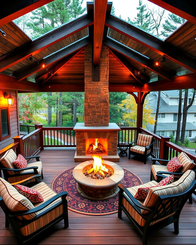 wraparound deck with central fireplace design