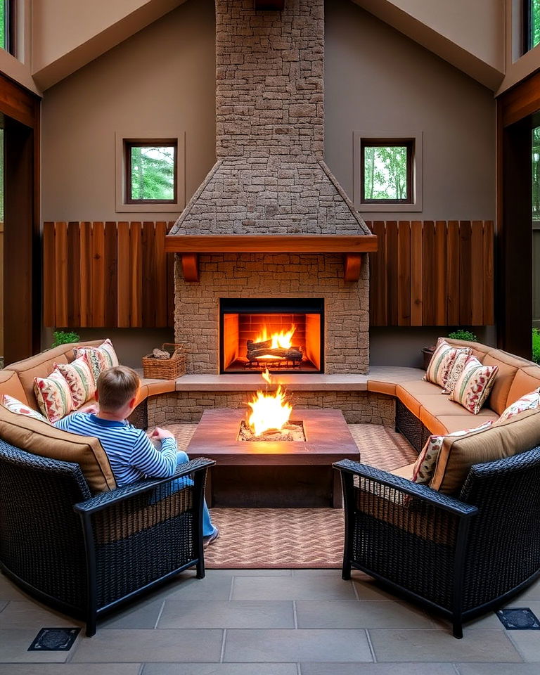 wraparound seating around the fireplace