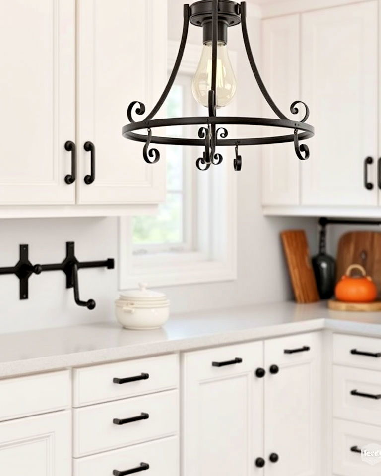 wrought iron accents in a white rustic kitchen