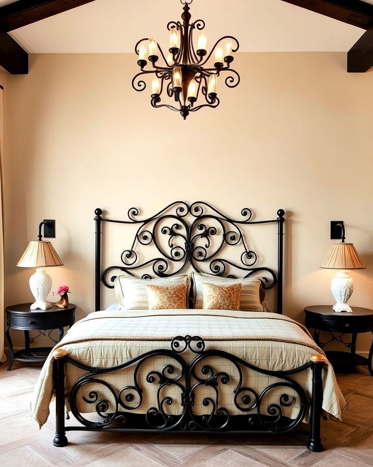 wrought iron details into mediterranean bedroom