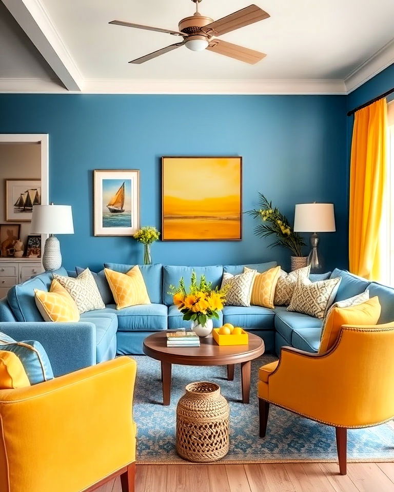 yellow and blue combination living room