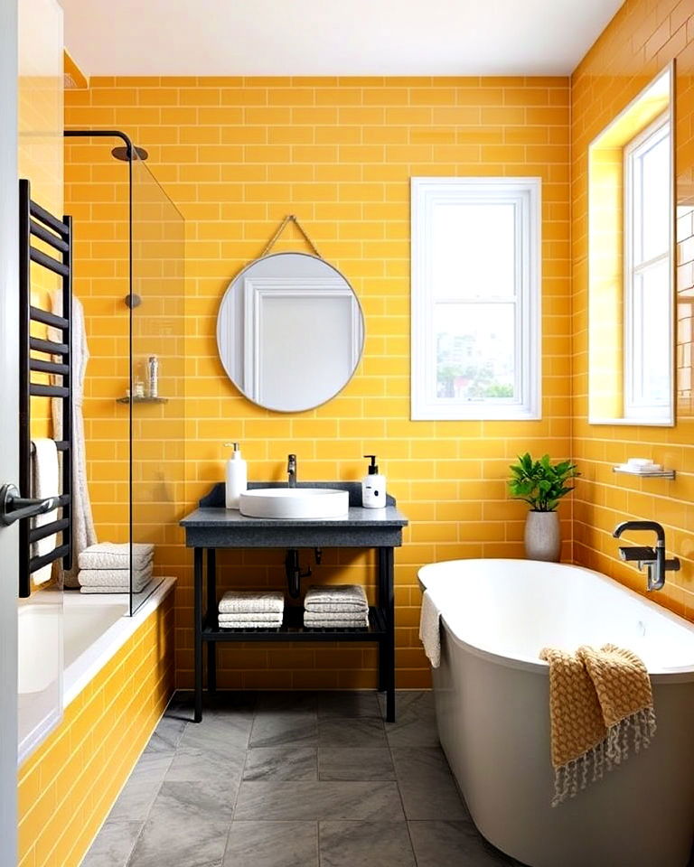 yellow and gray for a contemporary contrast bathroom