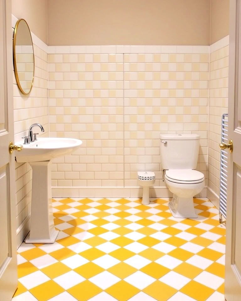 yellow and white checkerboard floor