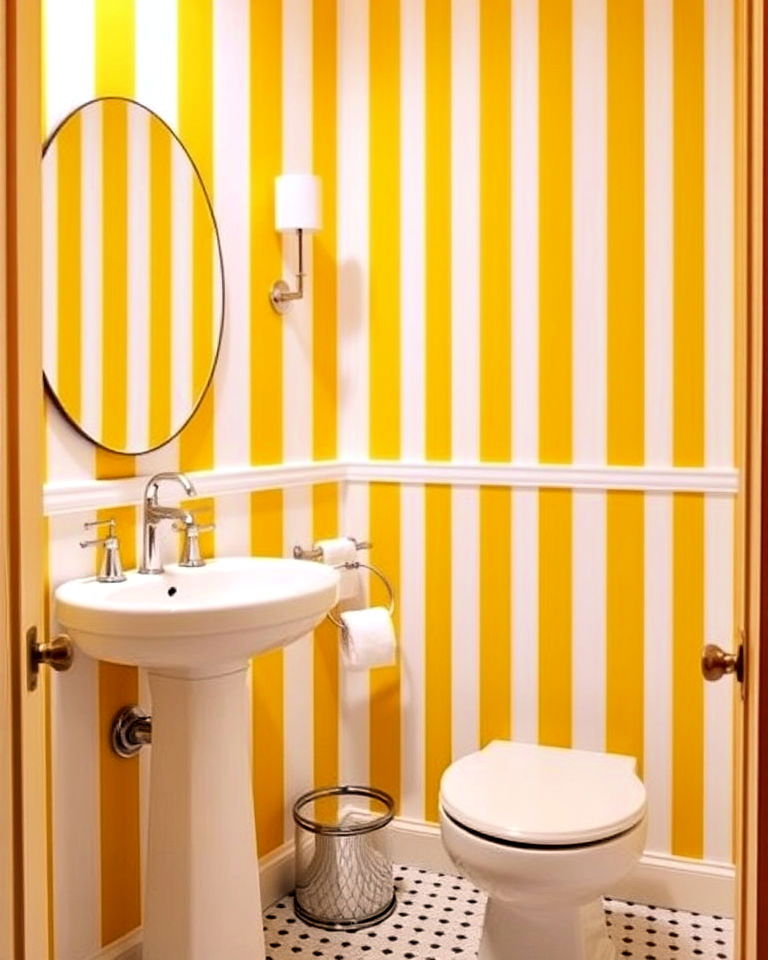 yellow and white striped walls for a playful effect