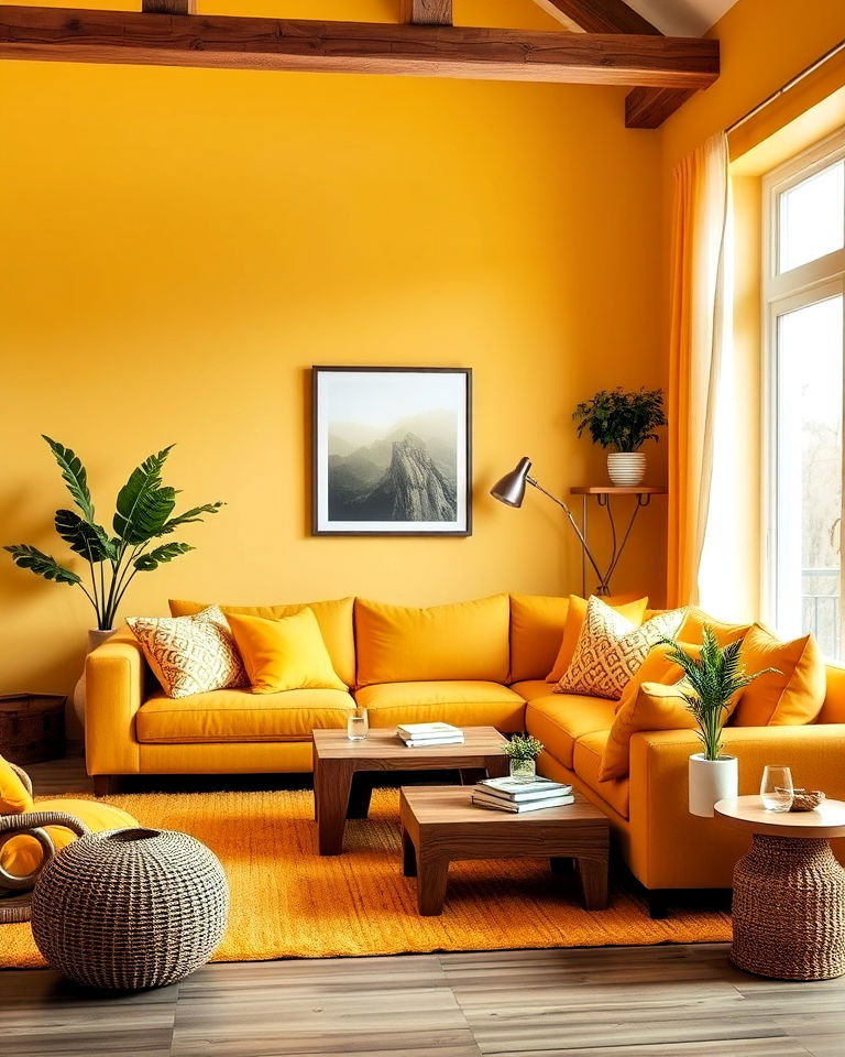 yellow and wood accents living room