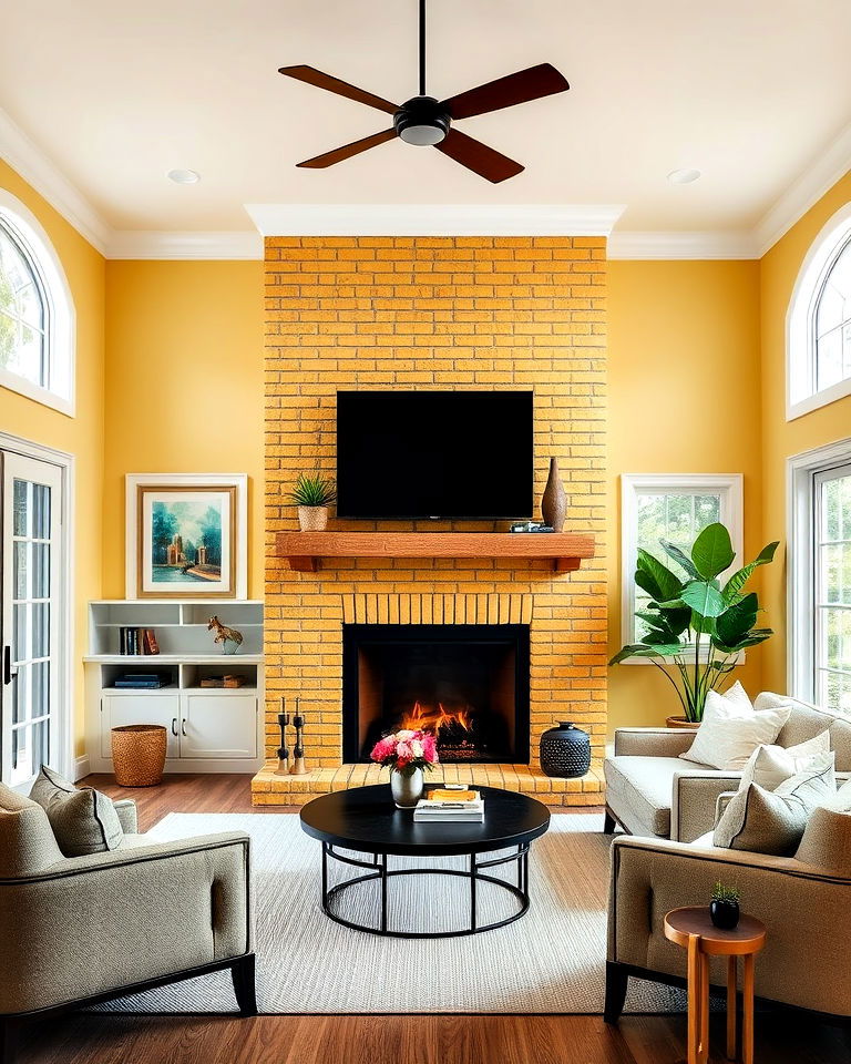 yellow brick living room fireplace