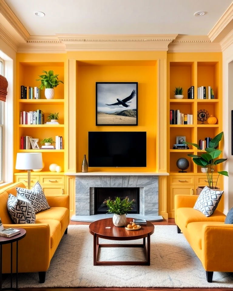yellow built in shelves for living room
