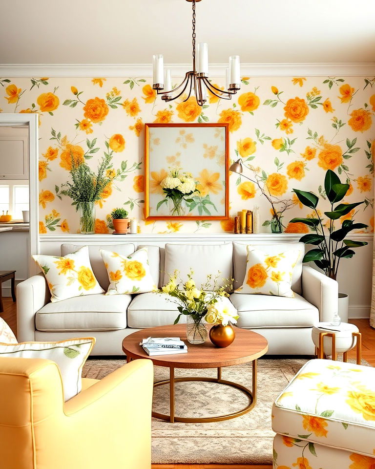 yellow floral prints living room