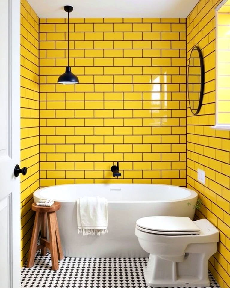 yellow subway tiles with dark grout