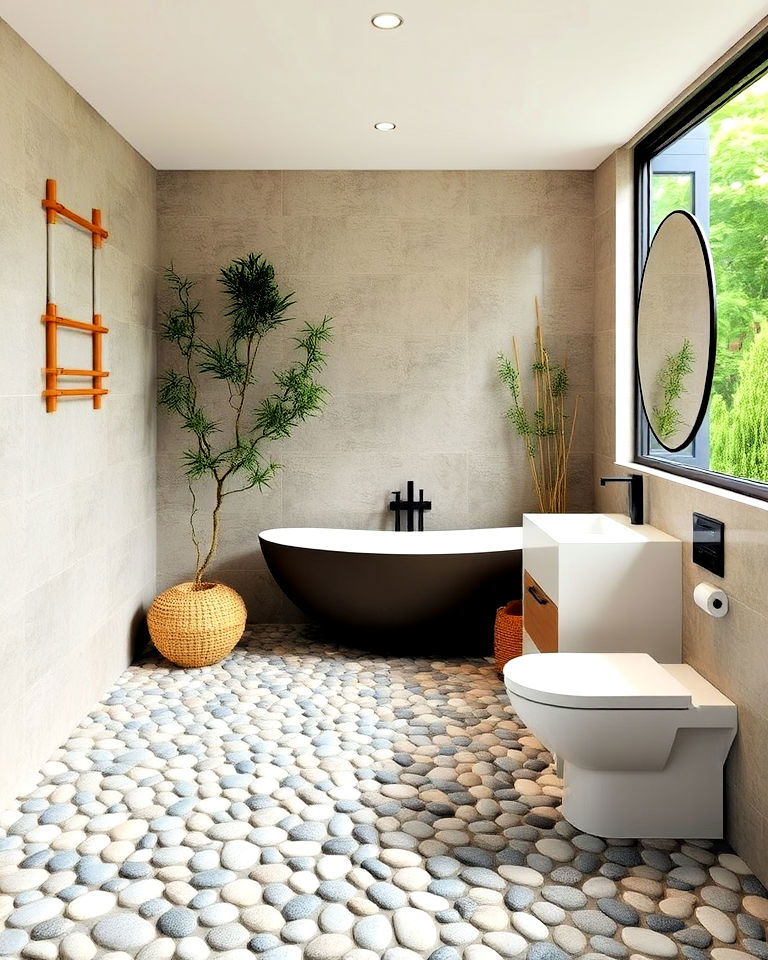 zen garden inspiration pebble tile bathroom