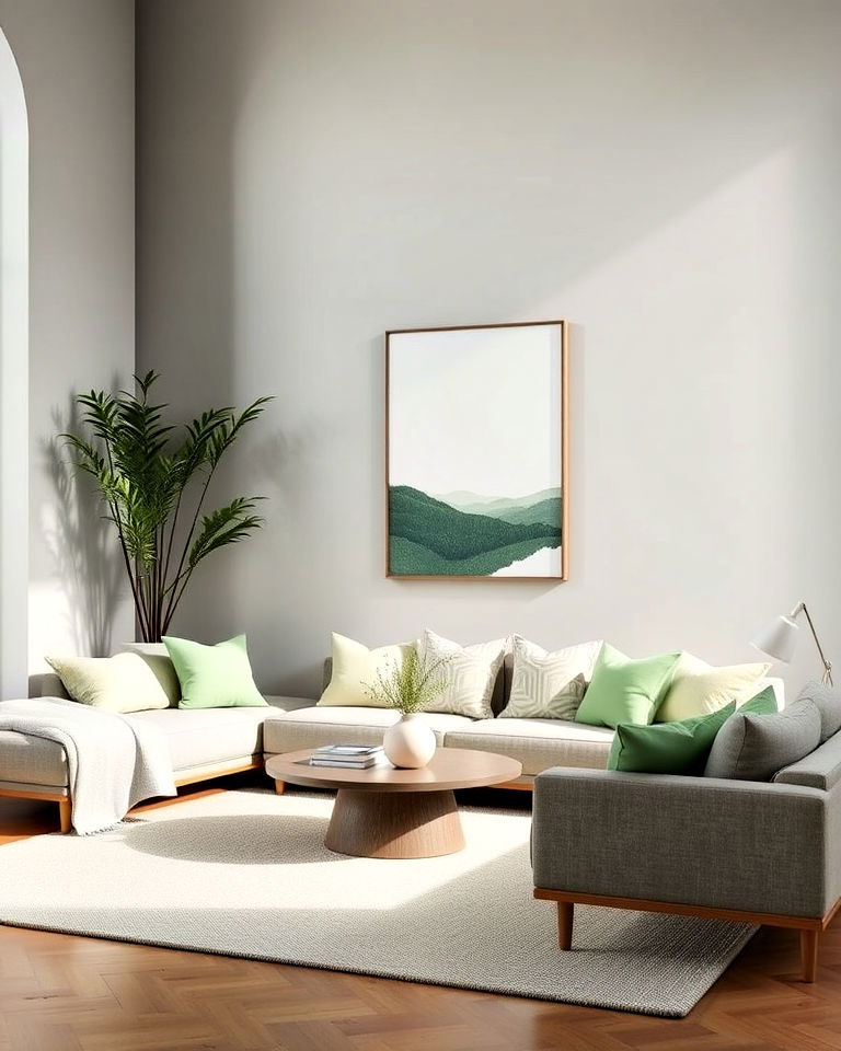zen inspired green and grey color living room