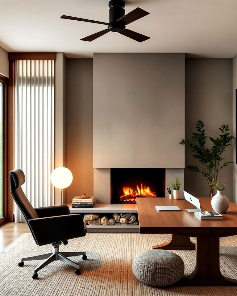 zen office with japanese inspired fireplace