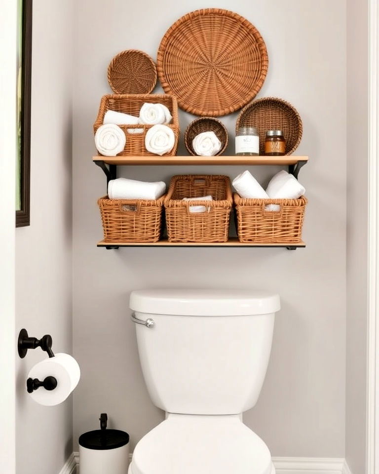 above the toilet rustic basket wall display
