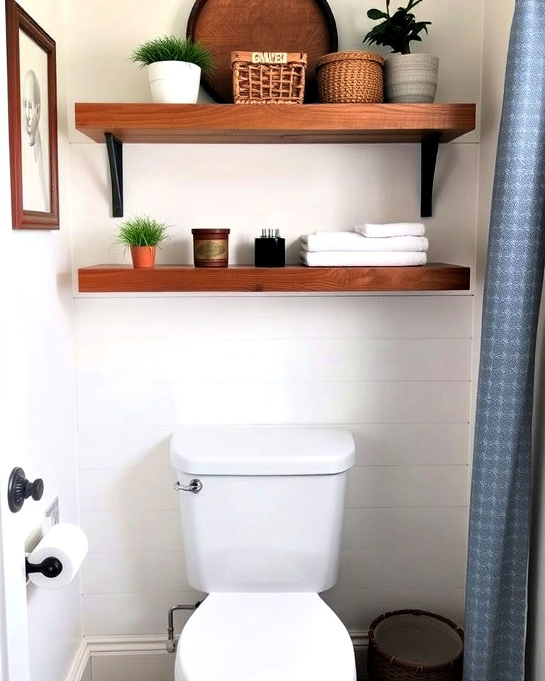 above the toilet rustic wooden shelves