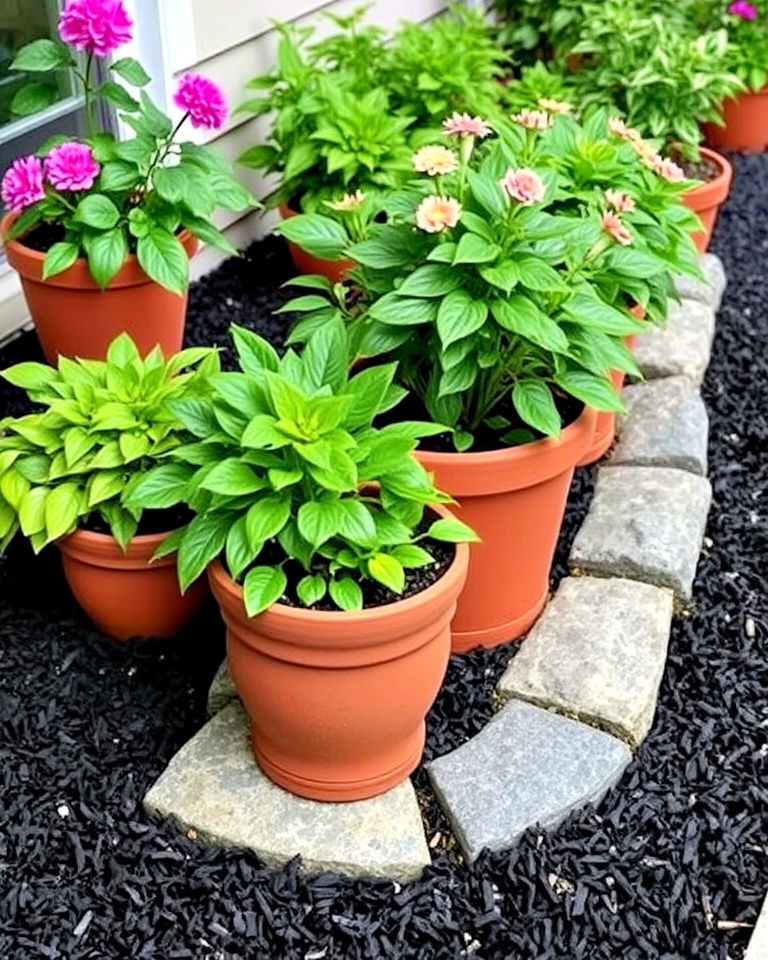 accent potted plant display with black mulch