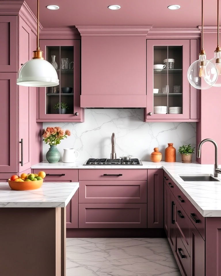 add warmth to a kitchen with mauve and marble accnets