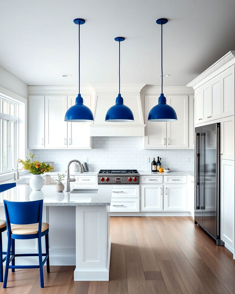 all white kitchen with bold blue pendant lights