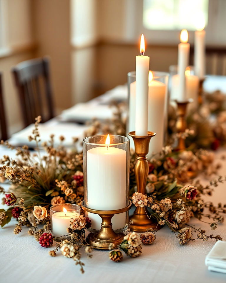 antique brass candle holders with dried flowers