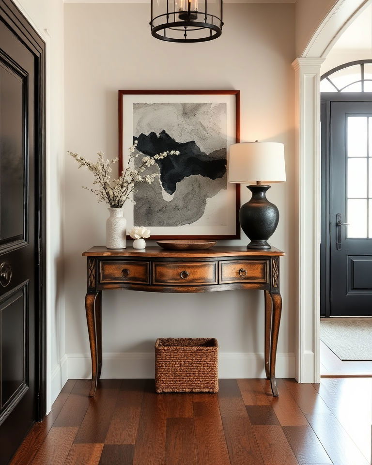 antique console with modern art