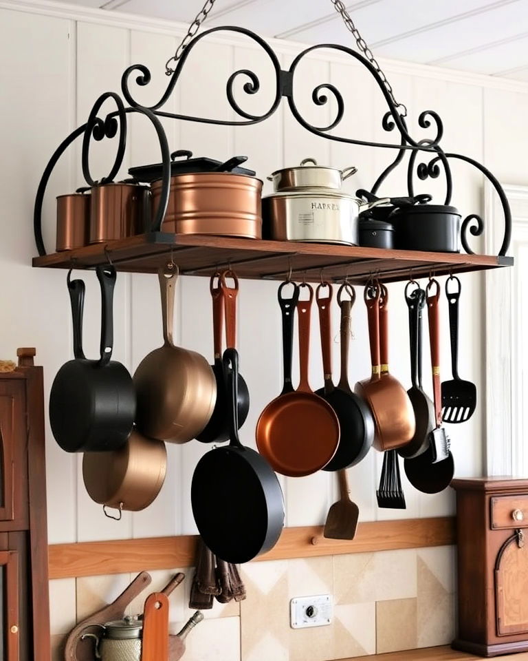 antique pot rack for a primitive kitchen