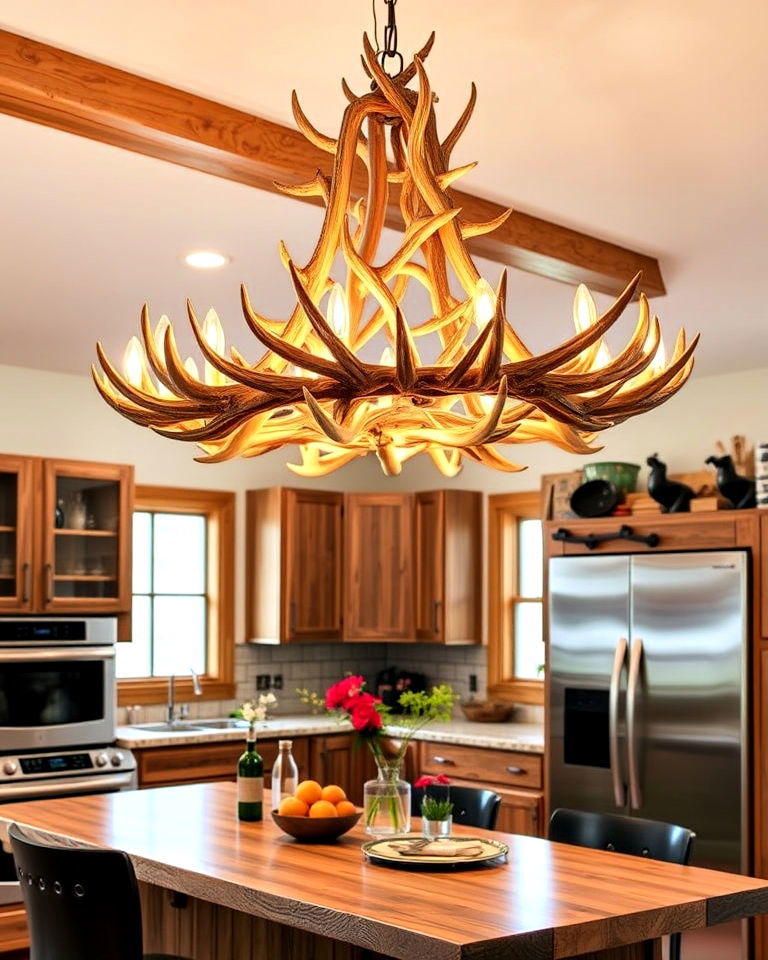 antler chandelier as a cabin kitchen focal point