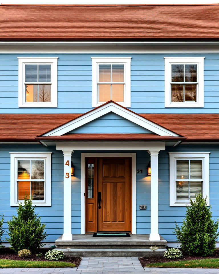 arctic blue with a chestnut roof to add charm