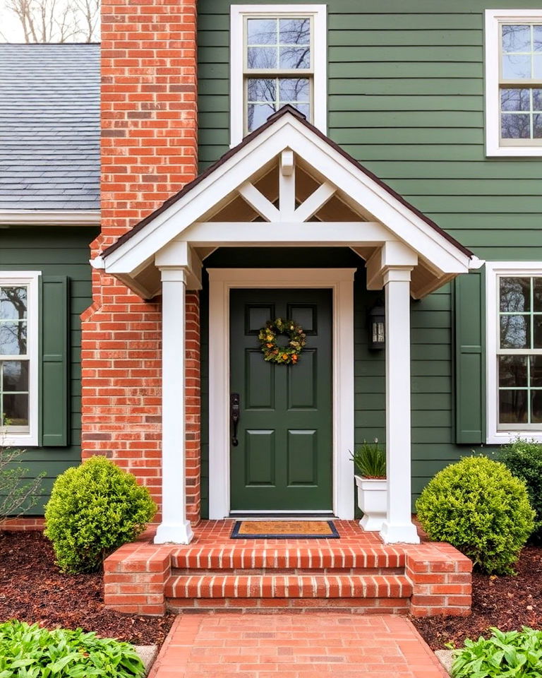 army green farmhouse exterior with warm brick accents