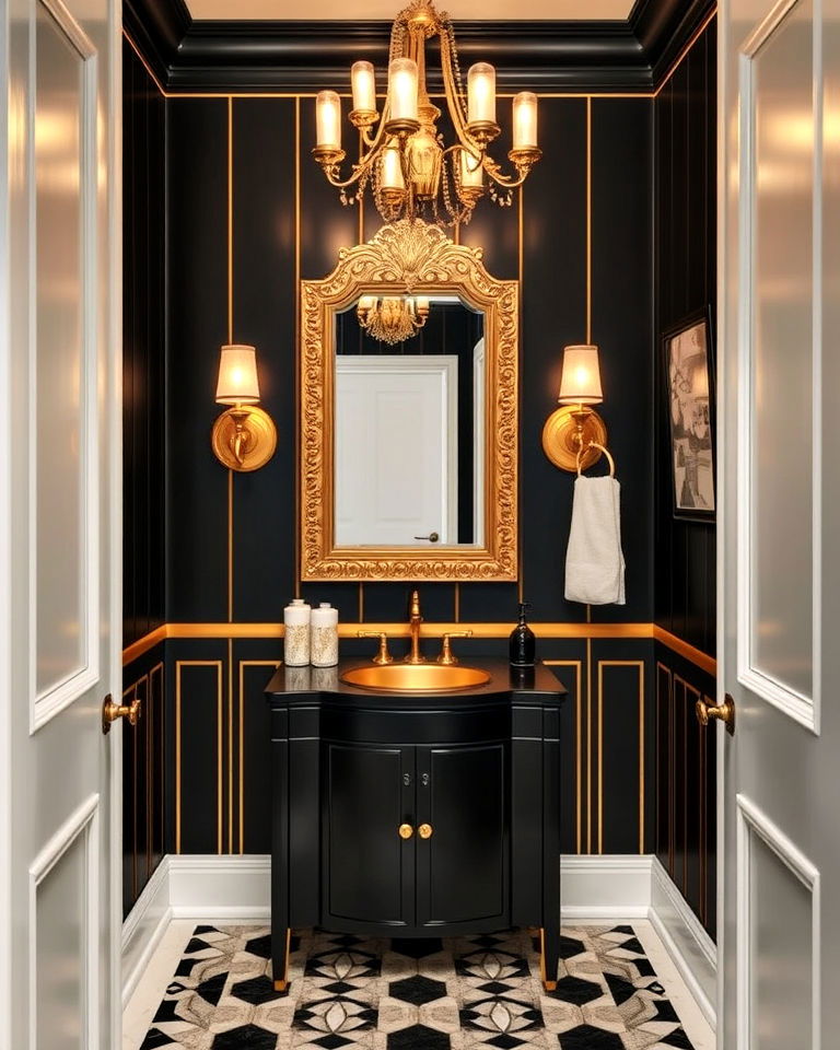 art deco inspired black and gold powder room