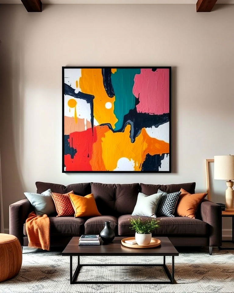 artistic flair with dark brown couch living room