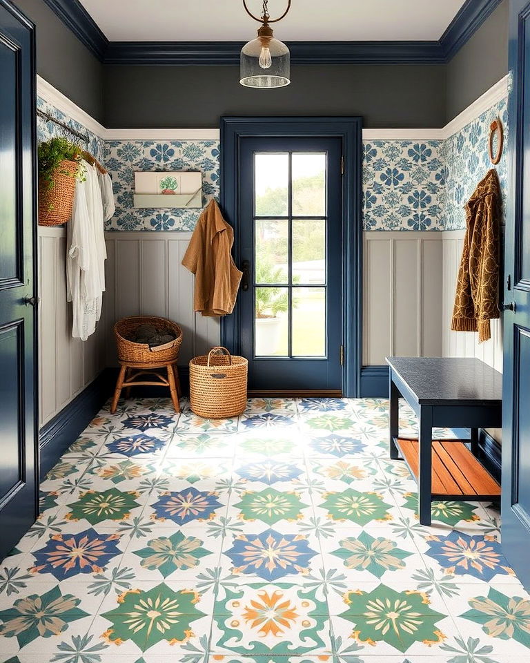 artistic patterned cement tiled mudroom floor