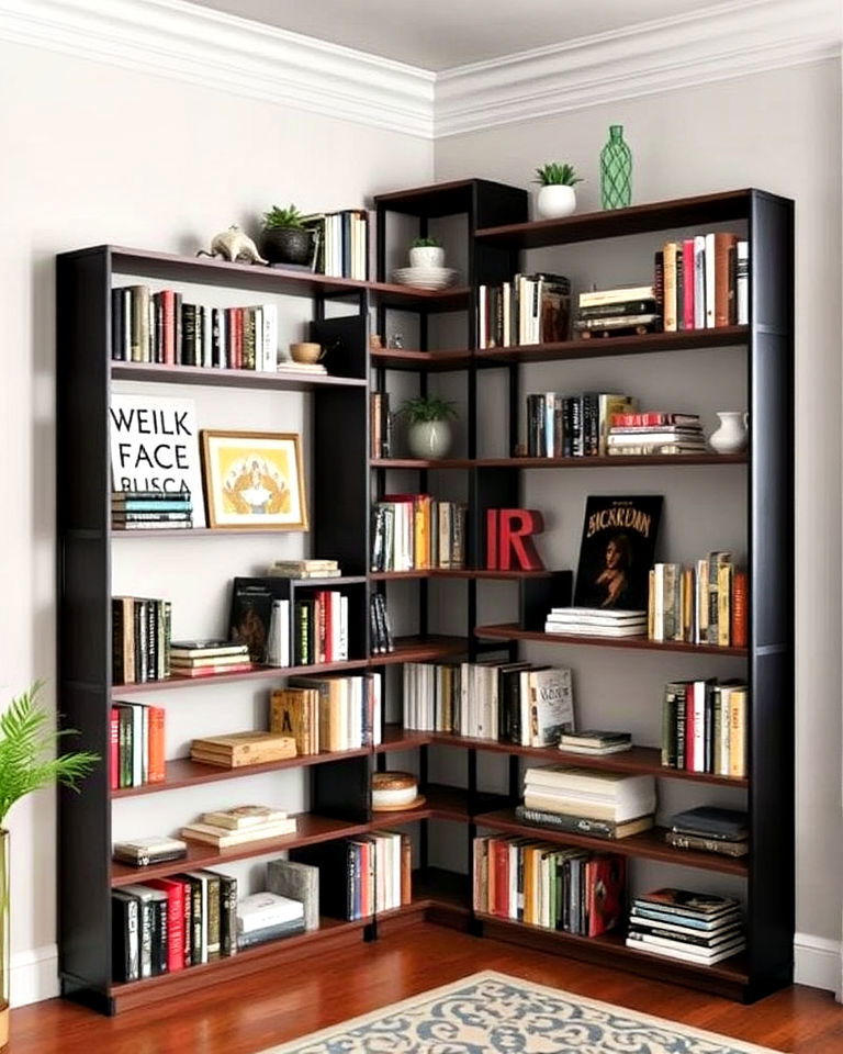 asymmetrical corner bookshelf for a bold look