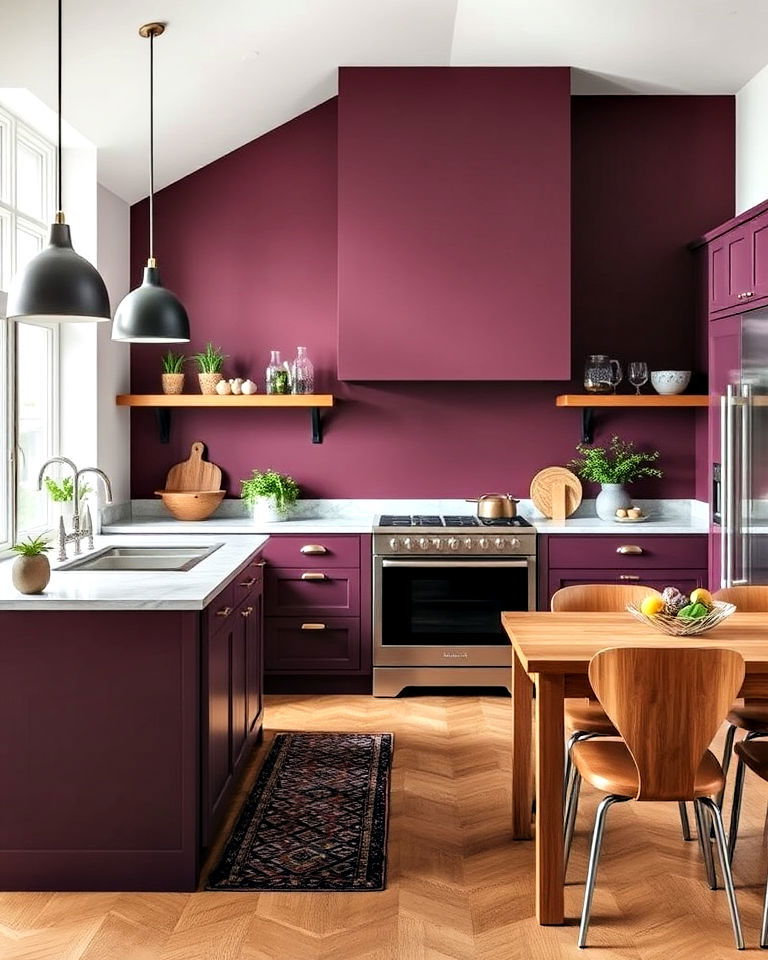 aubergine accent wall to add depth to a kitchen
