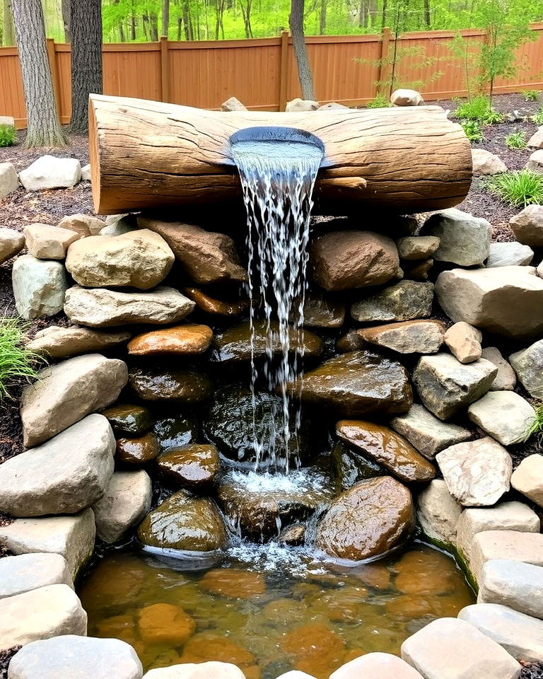 backyard rustic log waterfall
