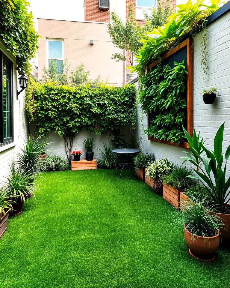 backyard turf with vertical garden idea