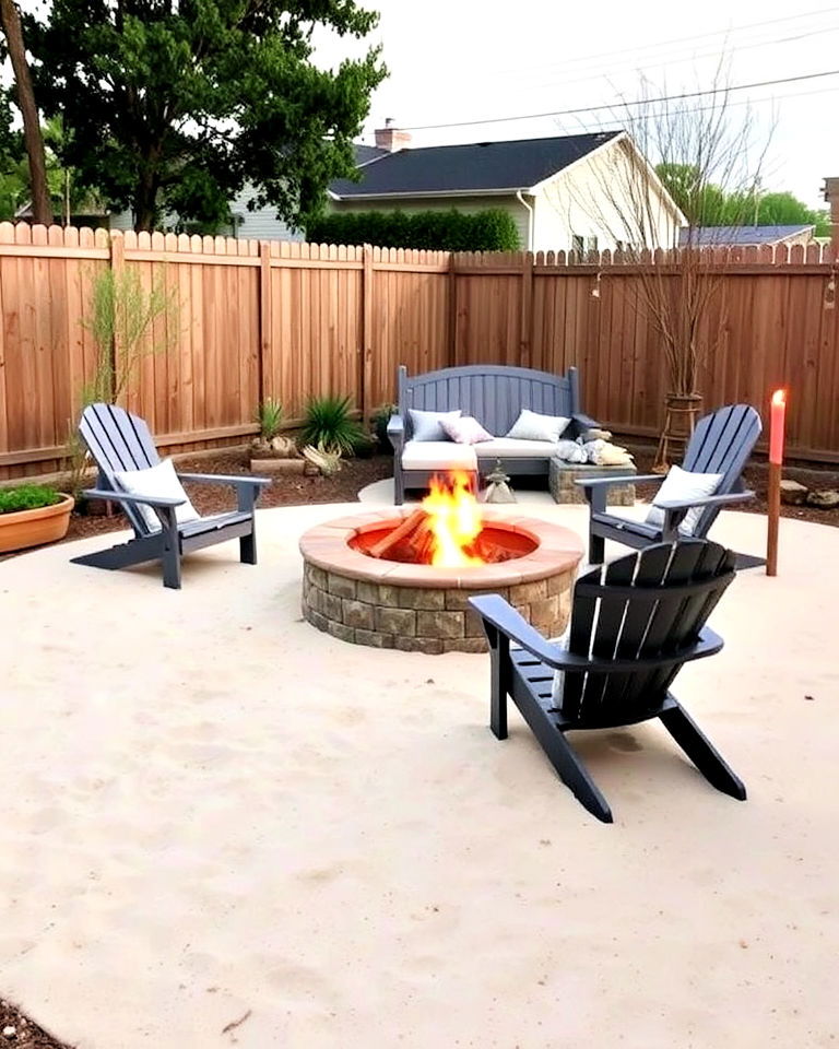 backyard with a coastal sand fire pit