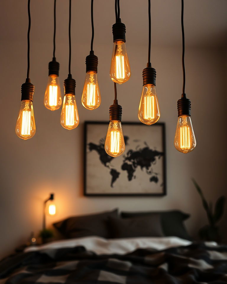 bare bulb lighting in bedroom